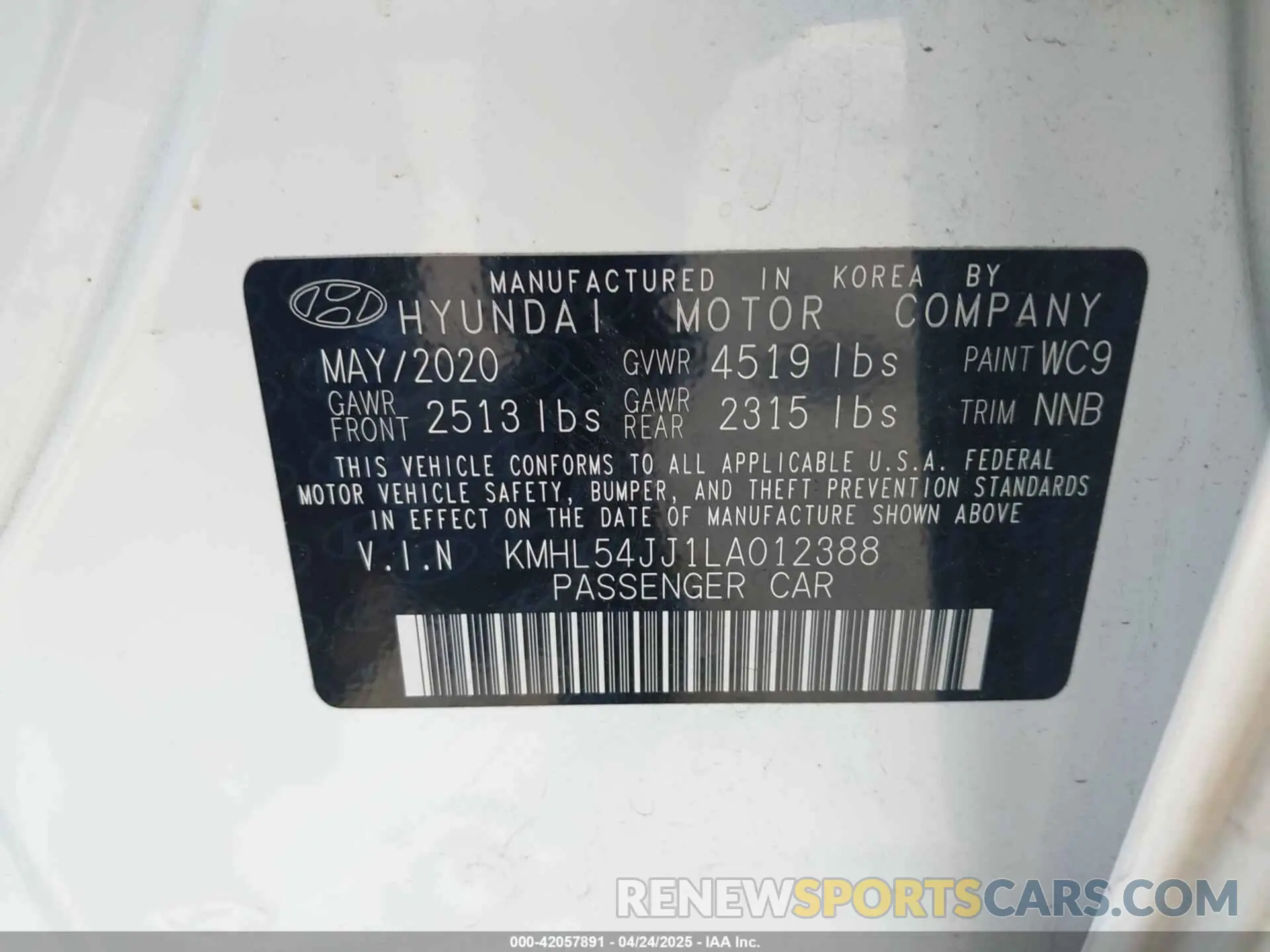 9 Photograph of a damaged car KMHL54JJ1LA012388 HYUNDAI SONATA HYBRID 2020