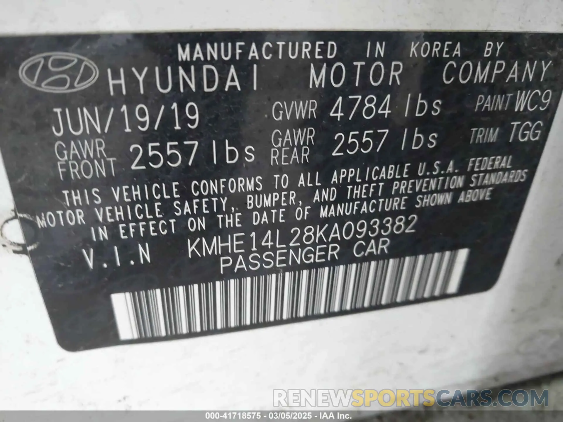 9 Photograph of a damaged car KMHE14L28KA093382 HYUNDAI SONATA PLUG-IN HYBRID 2019