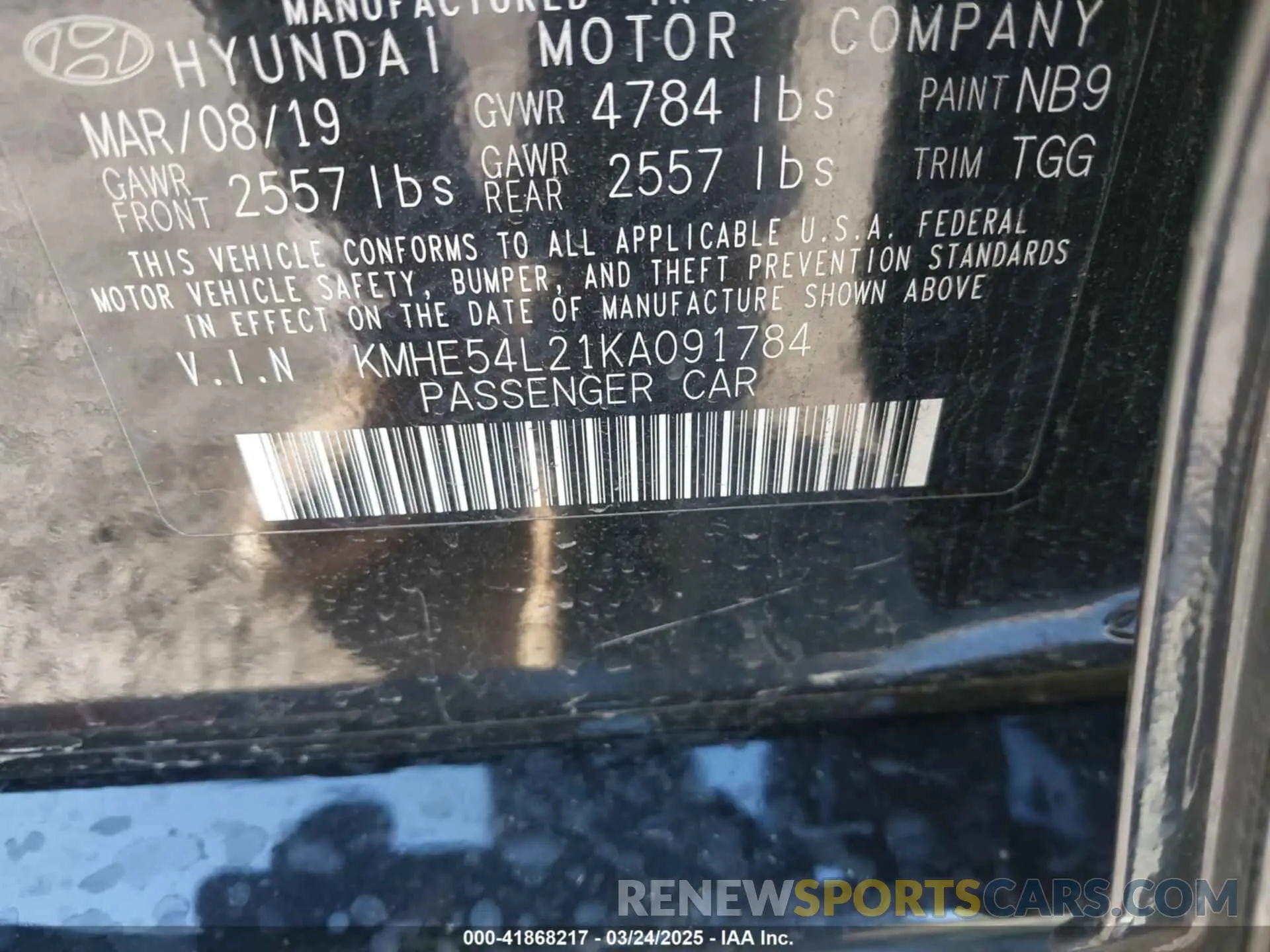 9 Photograph of a damaged car KMHE54L21KA091784 HYUNDAI SONATA PLUG-IN HYBRID 2019