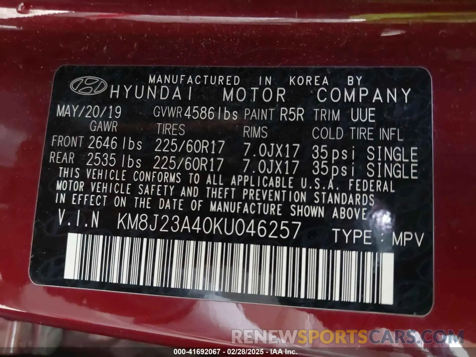 9 Photograph of a damaged car KM8J23A40KU046257 HYUNDAI TUCSON 2019