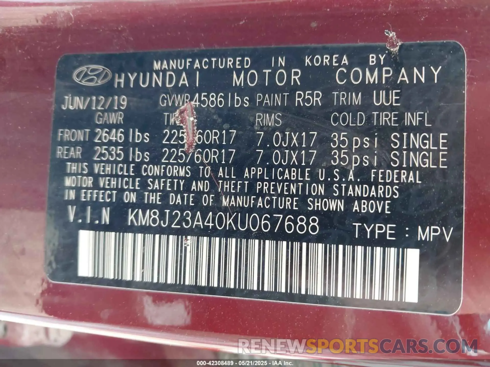 9 Photograph of a damaged car KM8J23A40KU067688 HYUNDAI TUCSON 2019