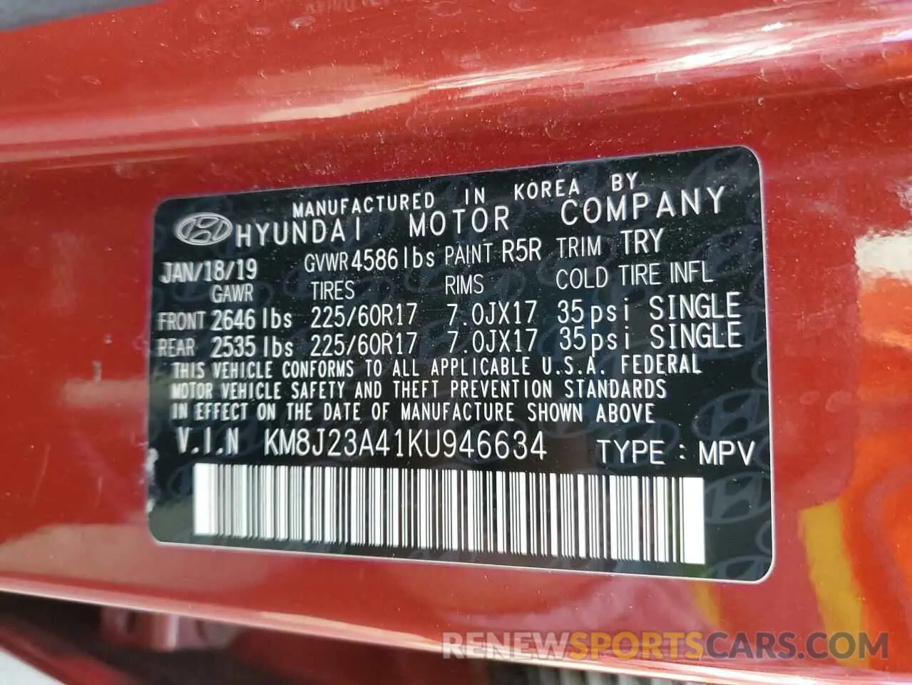 13 Photograph of a damaged car KM8J23A41KU946634 HYUNDAI TUCSON 2019