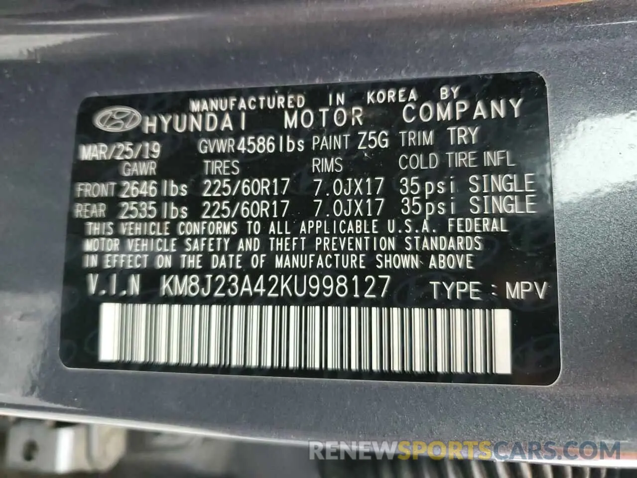 13 Photograph of a damaged car KM8J23A42KU998127 HYUNDAI TUCSON 2019