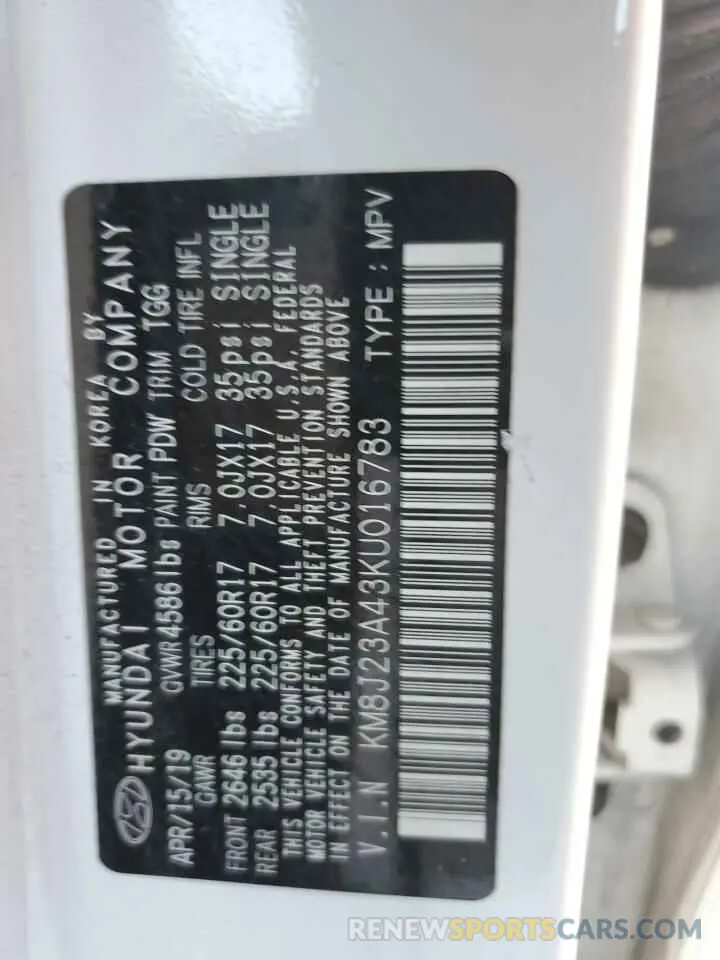 13 Photograph of a damaged car KM8J23A43KU016783 HYUNDAI TUCSON 2019