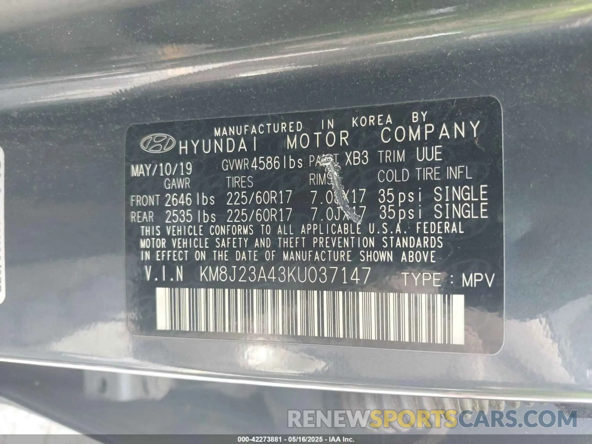 9 Photograph of a damaged car KM8J23A43KU037147 HYUNDAI TUCSON 2019