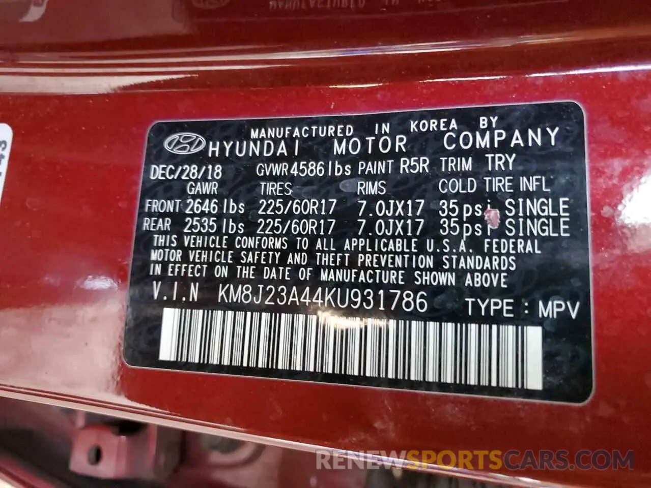 12 Photograph of a damaged car KM8J23A44KU931786 HYUNDAI TUCSON 2019