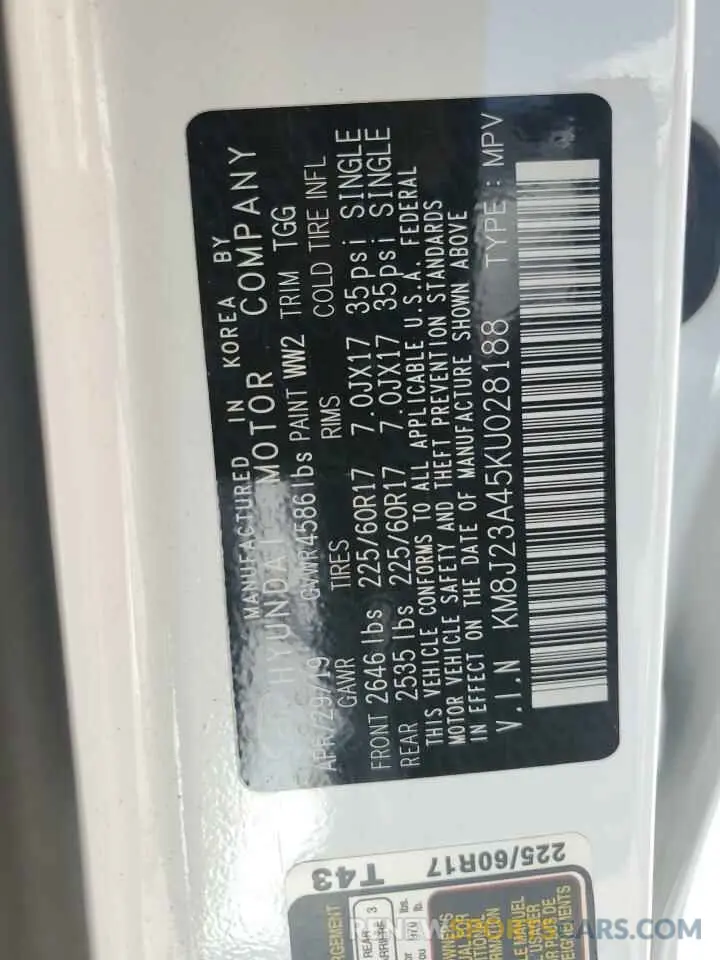 13 Photograph of a damaged car KM8J23A45KU028188 HYUNDAI TUCSON 2019