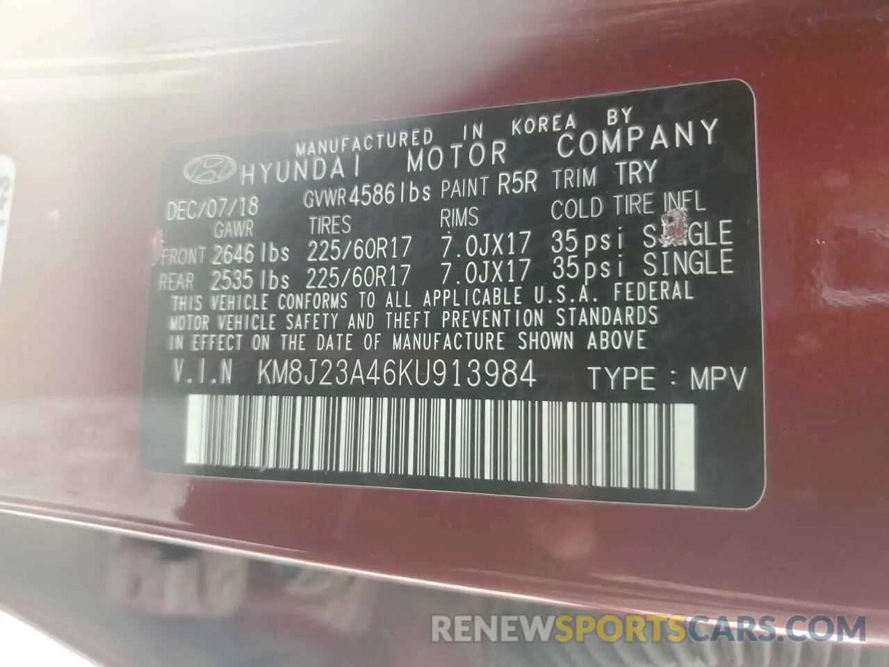 12 Photograph of a damaged car KM8J23A46KU913984 HYUNDAI TUCSON 2019