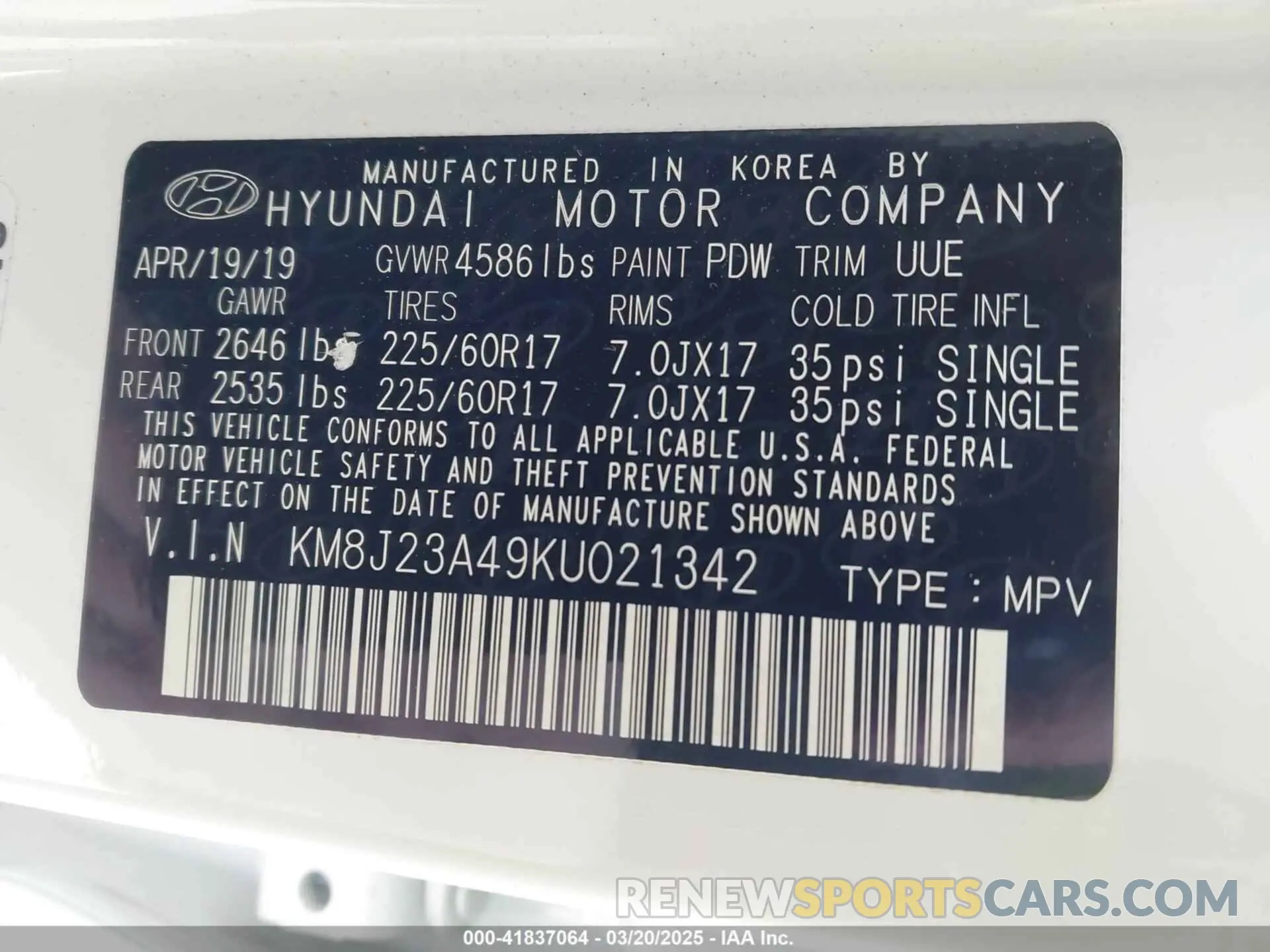 9 Photograph of a damaged car KM8J23A49KU021342 HYUNDAI TUCSON 2019