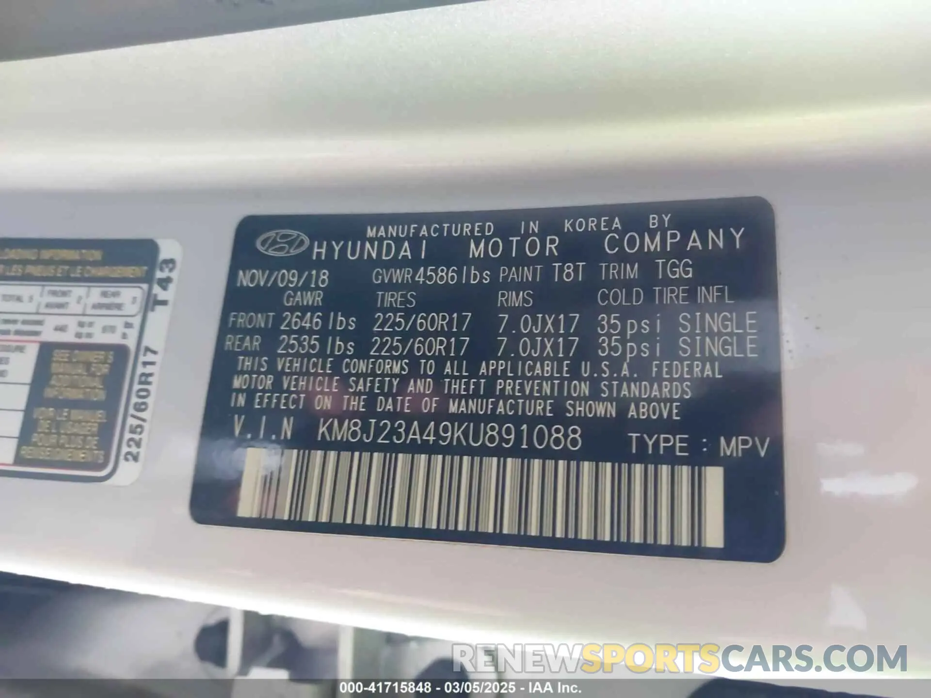 9 Photograph of a damaged car KM8J23A49KU891088 HYUNDAI TUCSON 2019