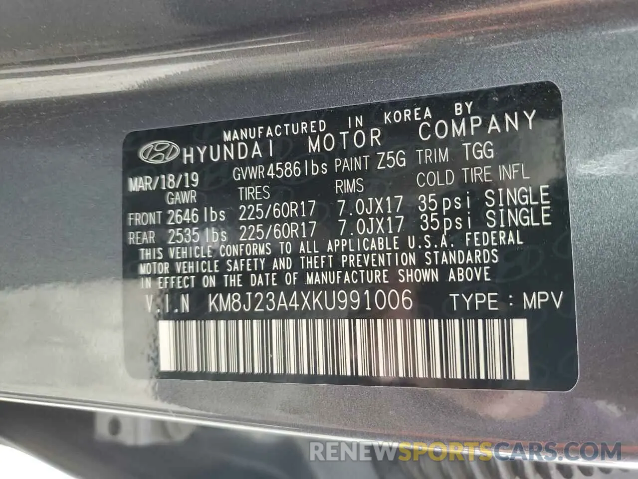 13 Photograph of a damaged car KM8J23A4XKU991006 HYUNDAI TUCSON 2019