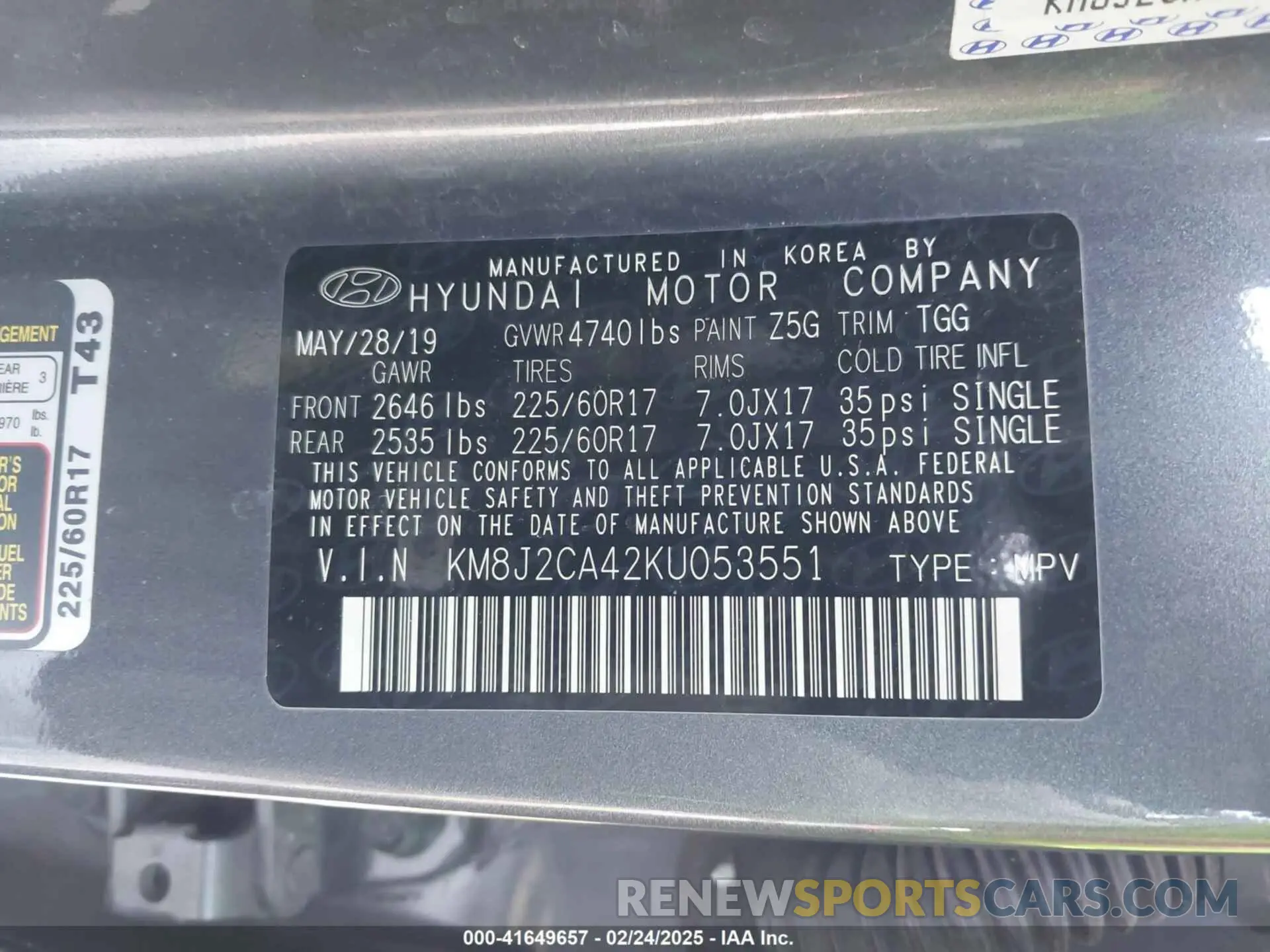 9 Photograph of a damaged car KM8J2CA42KU053551 HYUNDAI TUCSON 2019