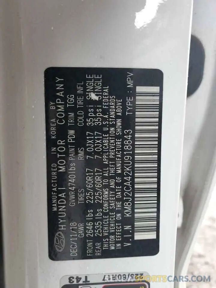 12 Photograph of a damaged car KM8J2CA42KU918843 HYUNDAI TUCSON 2019