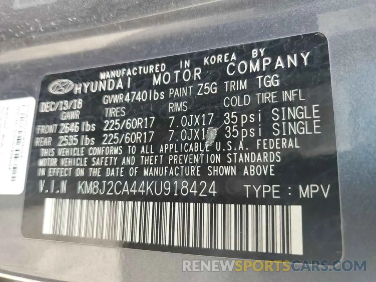 13 Photograph of a damaged car KM8J2CA44KU918424 HYUNDAI TUCSON 2019