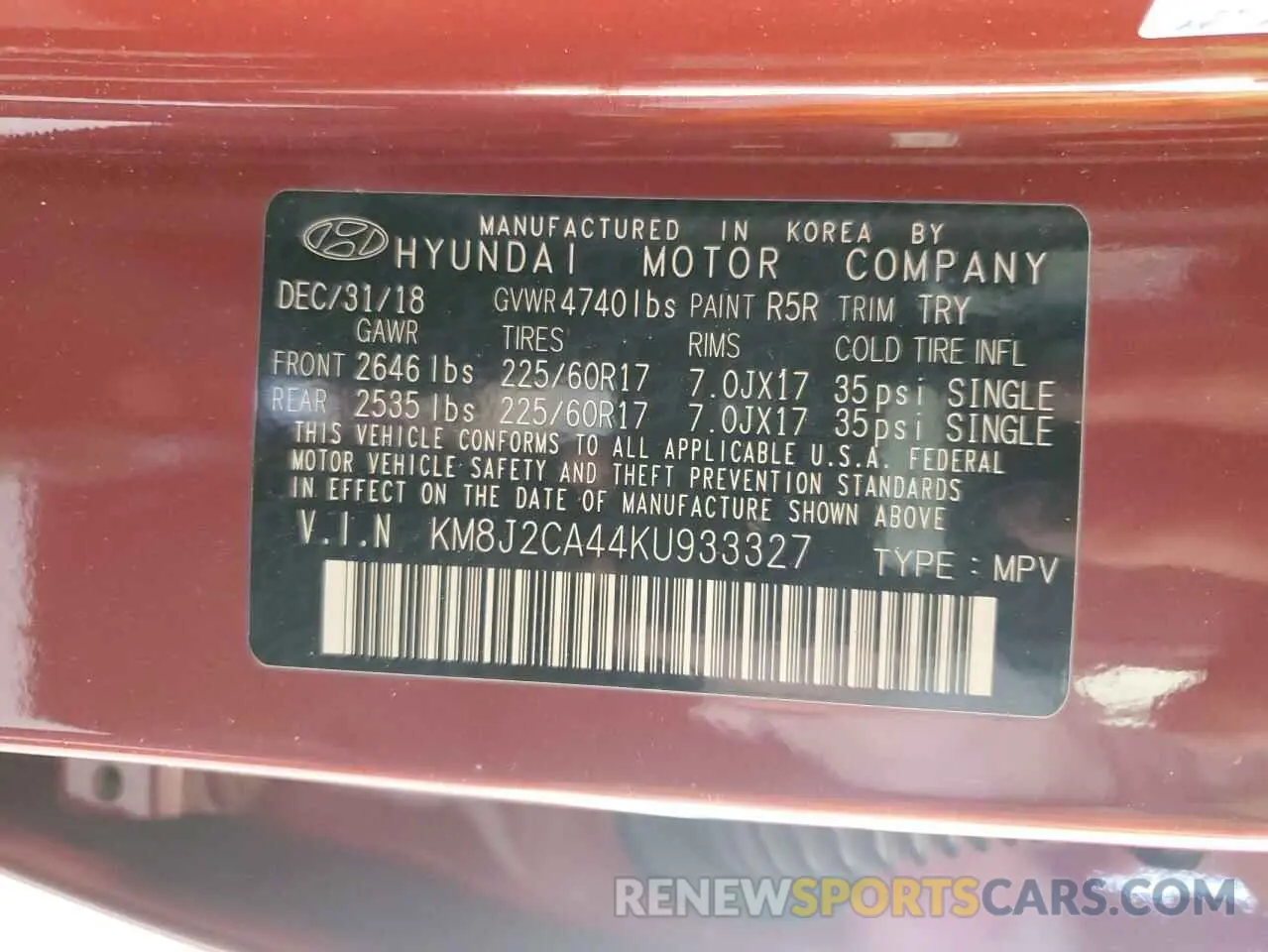 13 Photograph of a damaged car KM8J2CA44KU933327 HYUNDAI TUCSON 2019