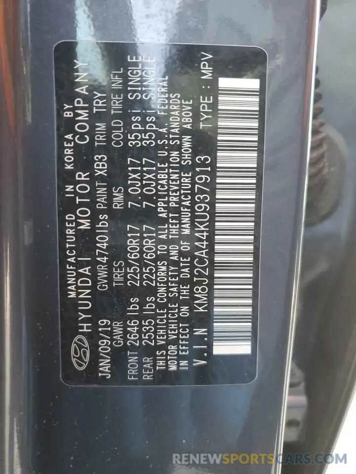13 Photograph of a damaged car KM8J2CA44KU937913 HYUNDAI TUCSON 2019
