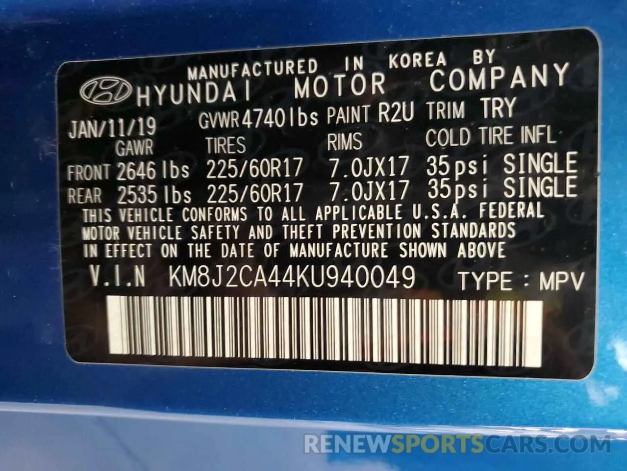 13 Photograph of a damaged car KM8J2CA44KU940049 HYUNDAI TUCSON 2019