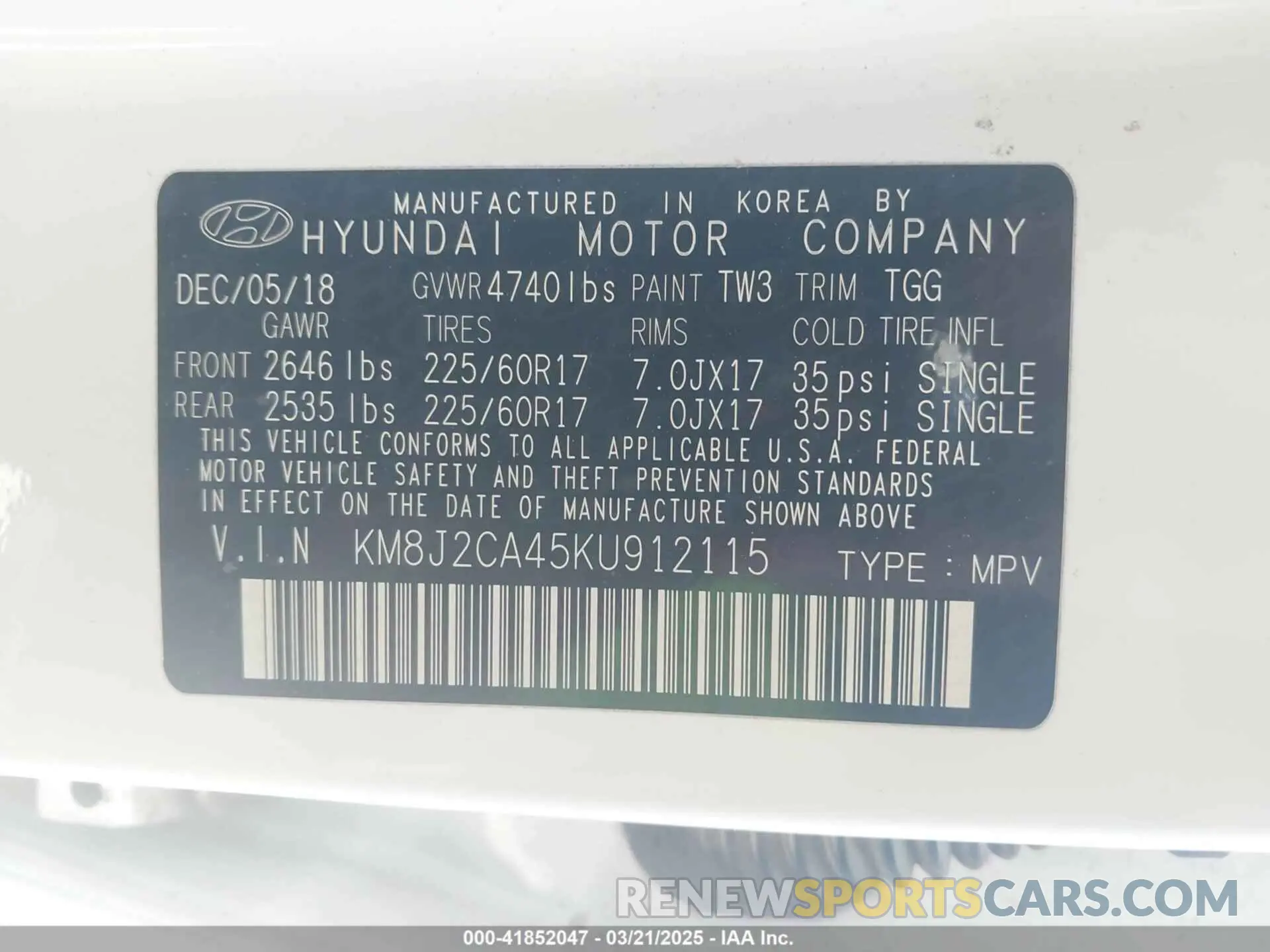 9 Photograph of a damaged car KM8J2CA45KU912115 HYUNDAI TUCSON 2019