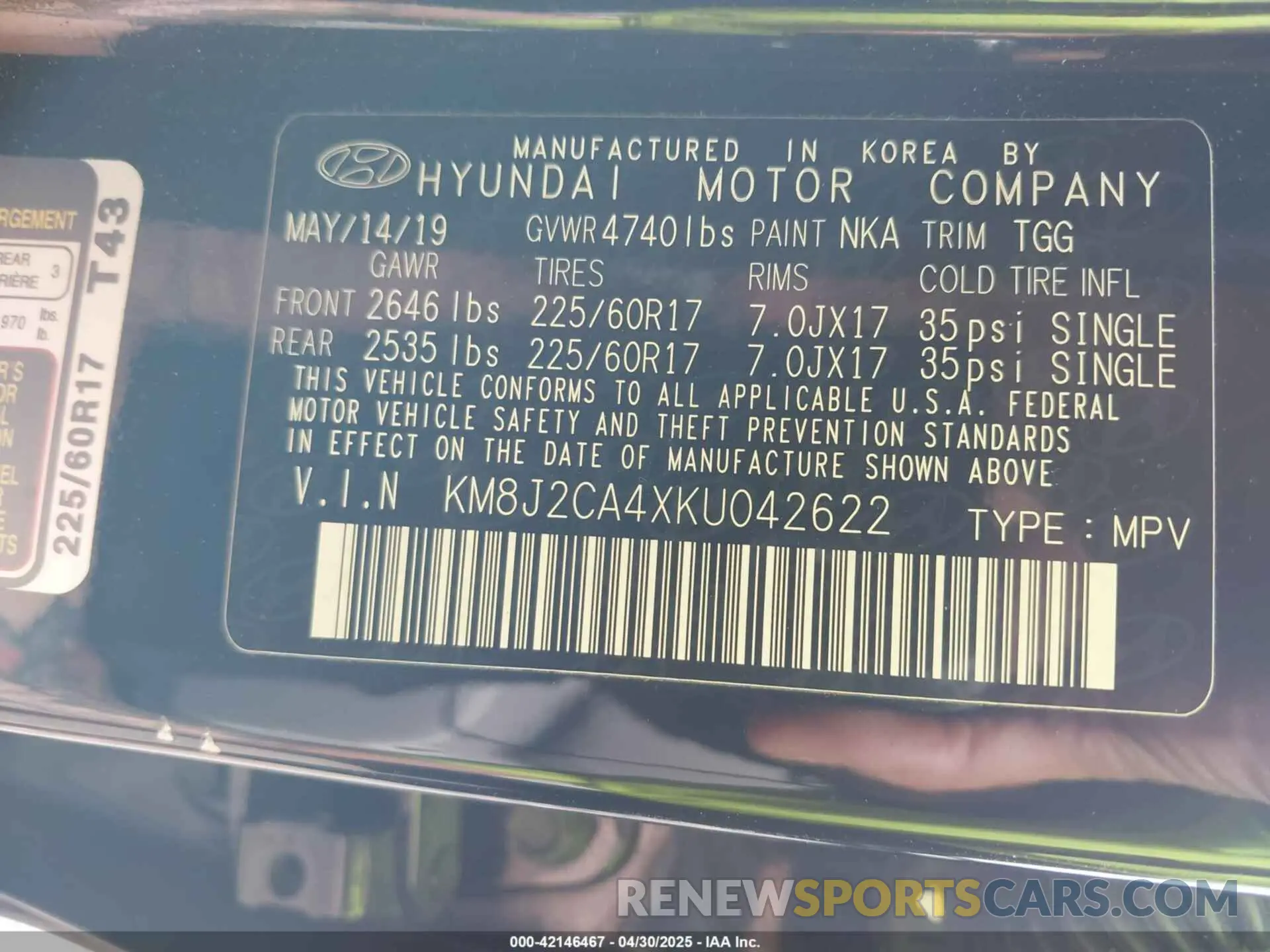 9 Photograph of a damaged car KM8J2CA4XKU042622 HYUNDAI TUCSON 2019