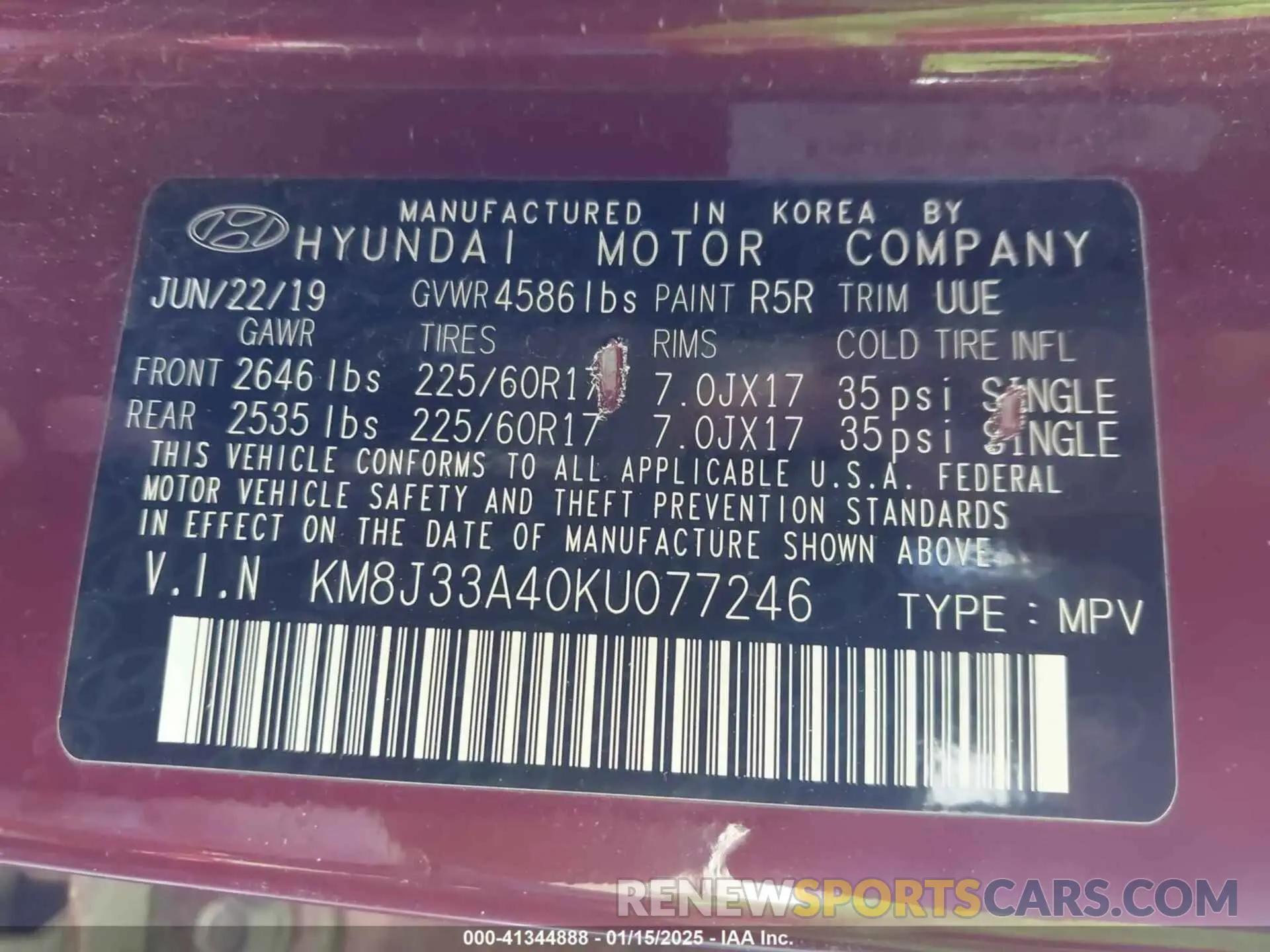 9 Photograph of a damaged car KM8J33A40KU077246 HYUNDAI TUCSON 2019