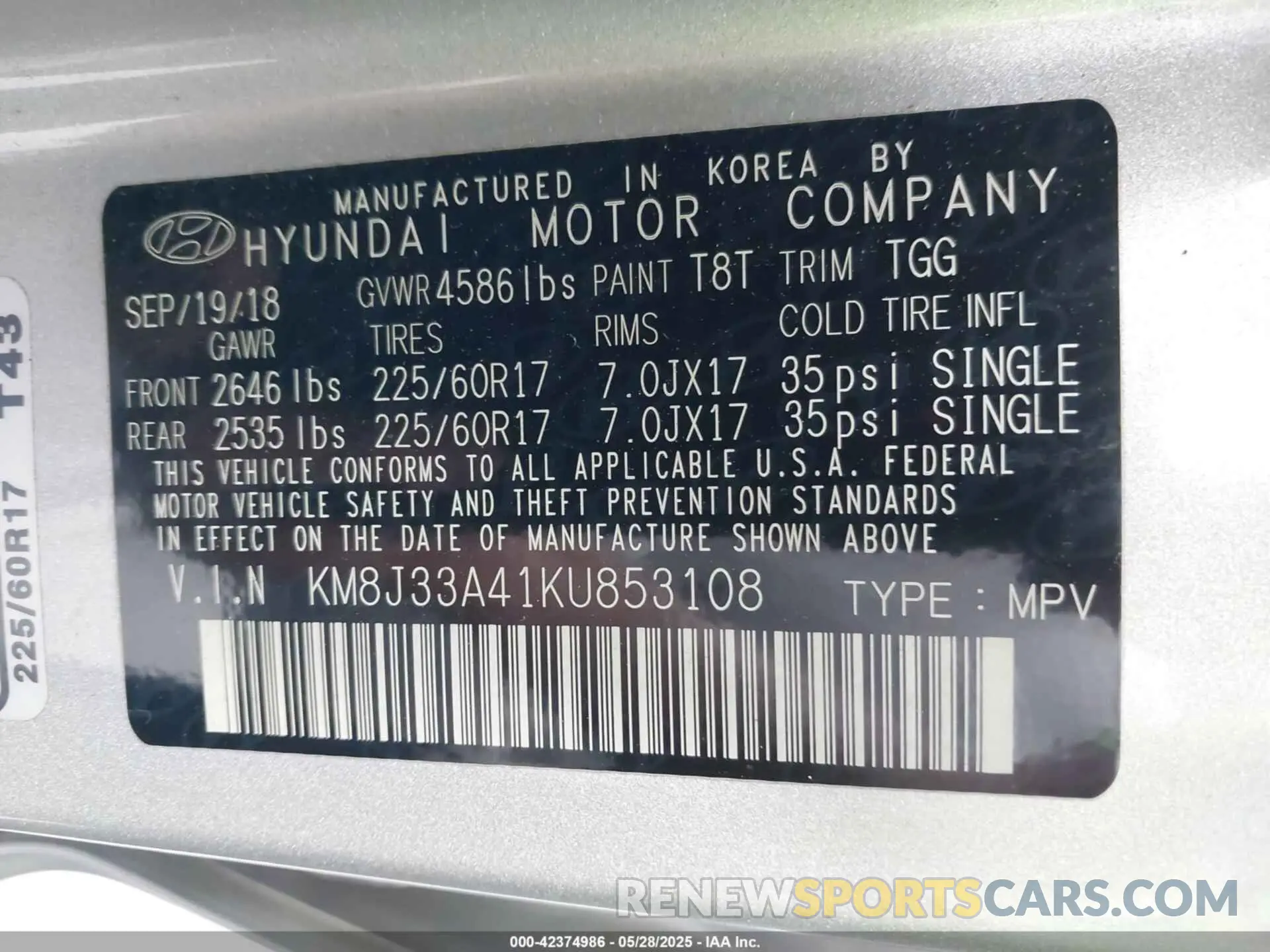 9 Photograph of a damaged car KM8J33A41KU853108 HYUNDAI TUCSON 2019