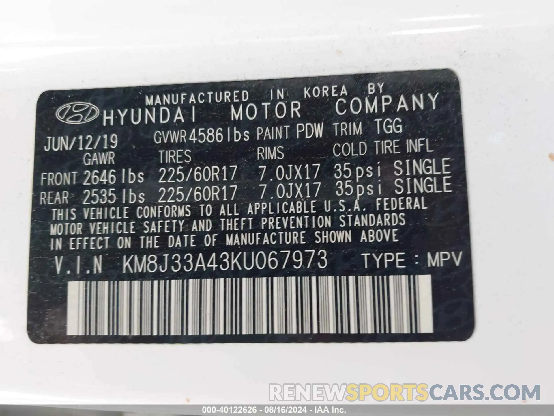 9 Photograph of a damaged car KM8J33A43KU067973 HYUNDAI TUCSON 2019