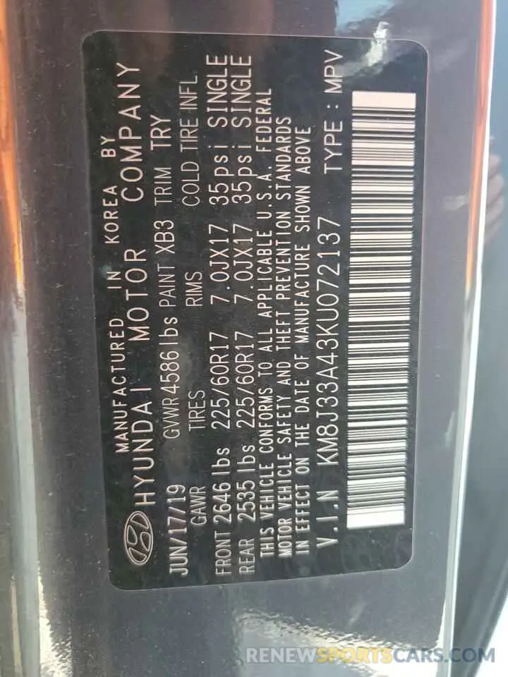 13 Photograph of a damaged car KM8J33A43KU072137 HYUNDAI TUCSON 2019