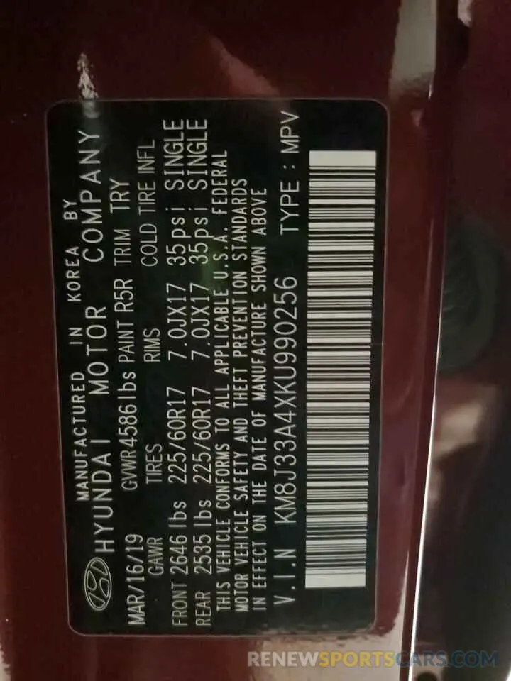 13 Photograph of a damaged car KM8J33A4XKU990256 HYUNDAI TUCSON 2019