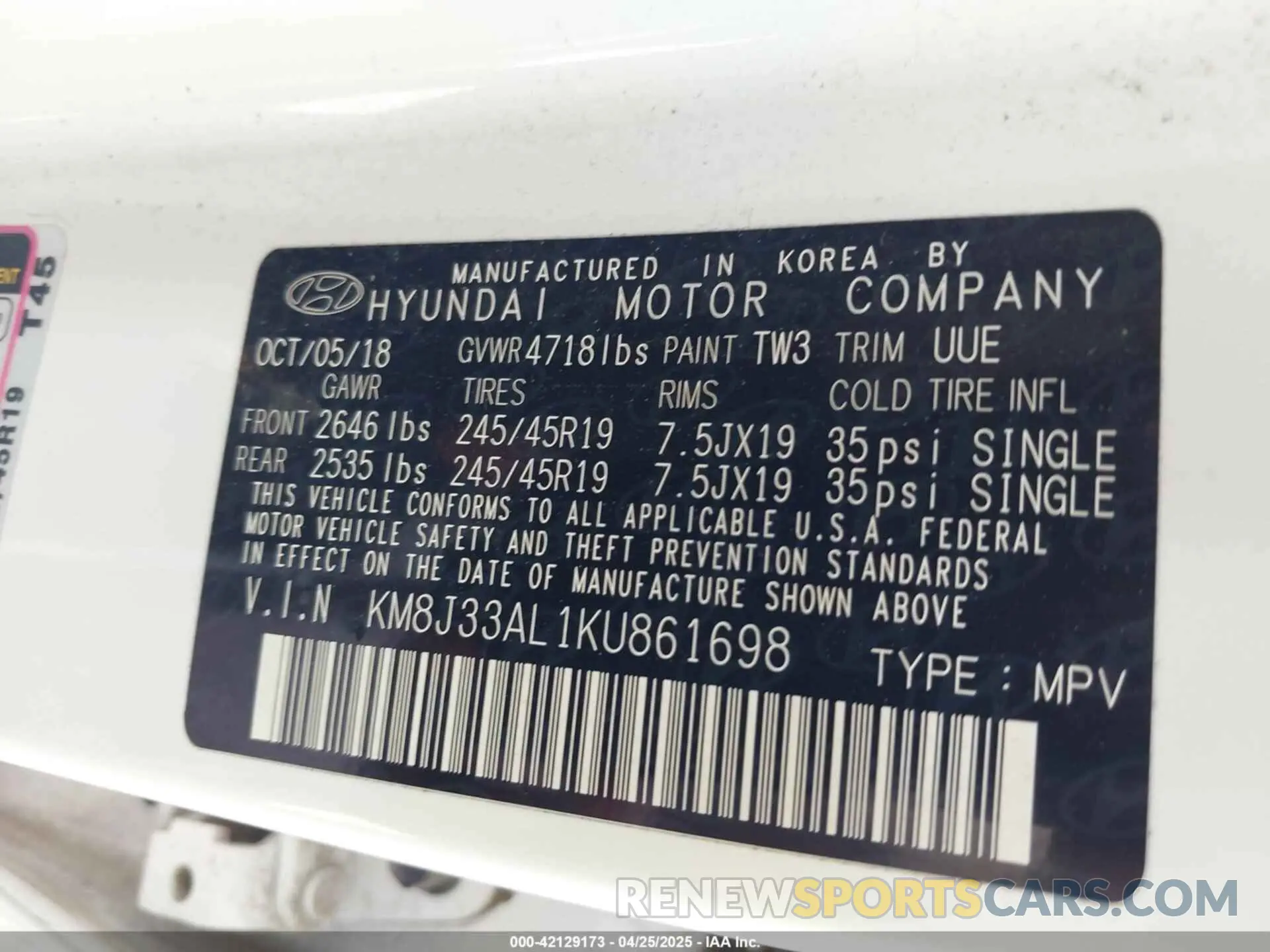 9 Photograph of a damaged car KM8J33AL1KU861698 HYUNDAI TUCSON 2019