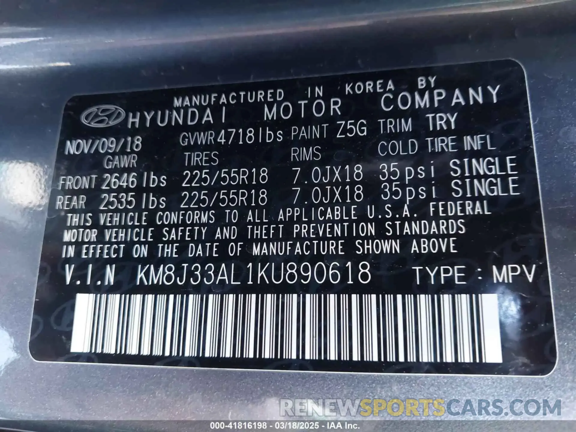 9 Photograph of a damaged car KM8J33AL1KU890618 HYUNDAI TUCSON 2019