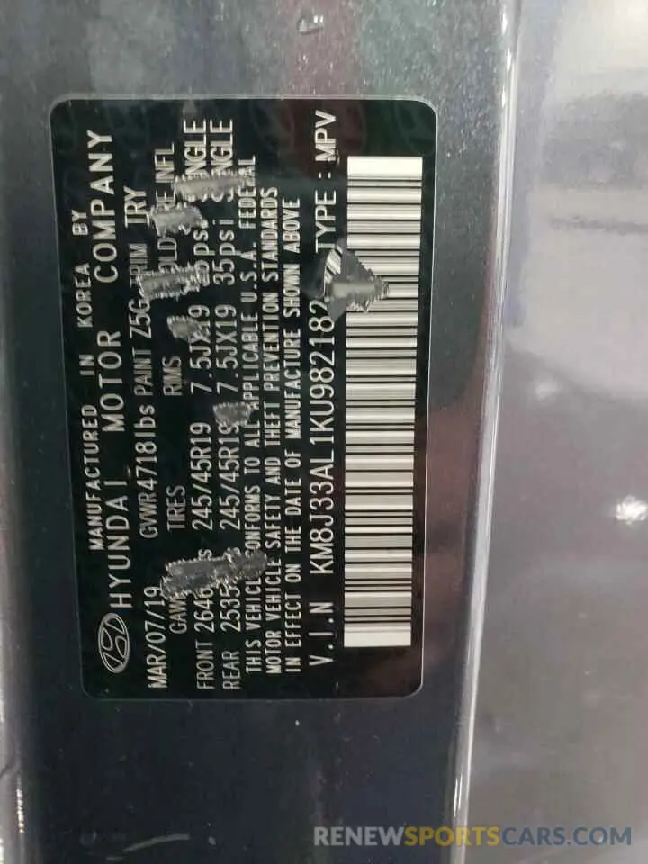 13 Photograph of a damaged car KM8J33AL1KU982182 HYUNDAI TUCSON 2019