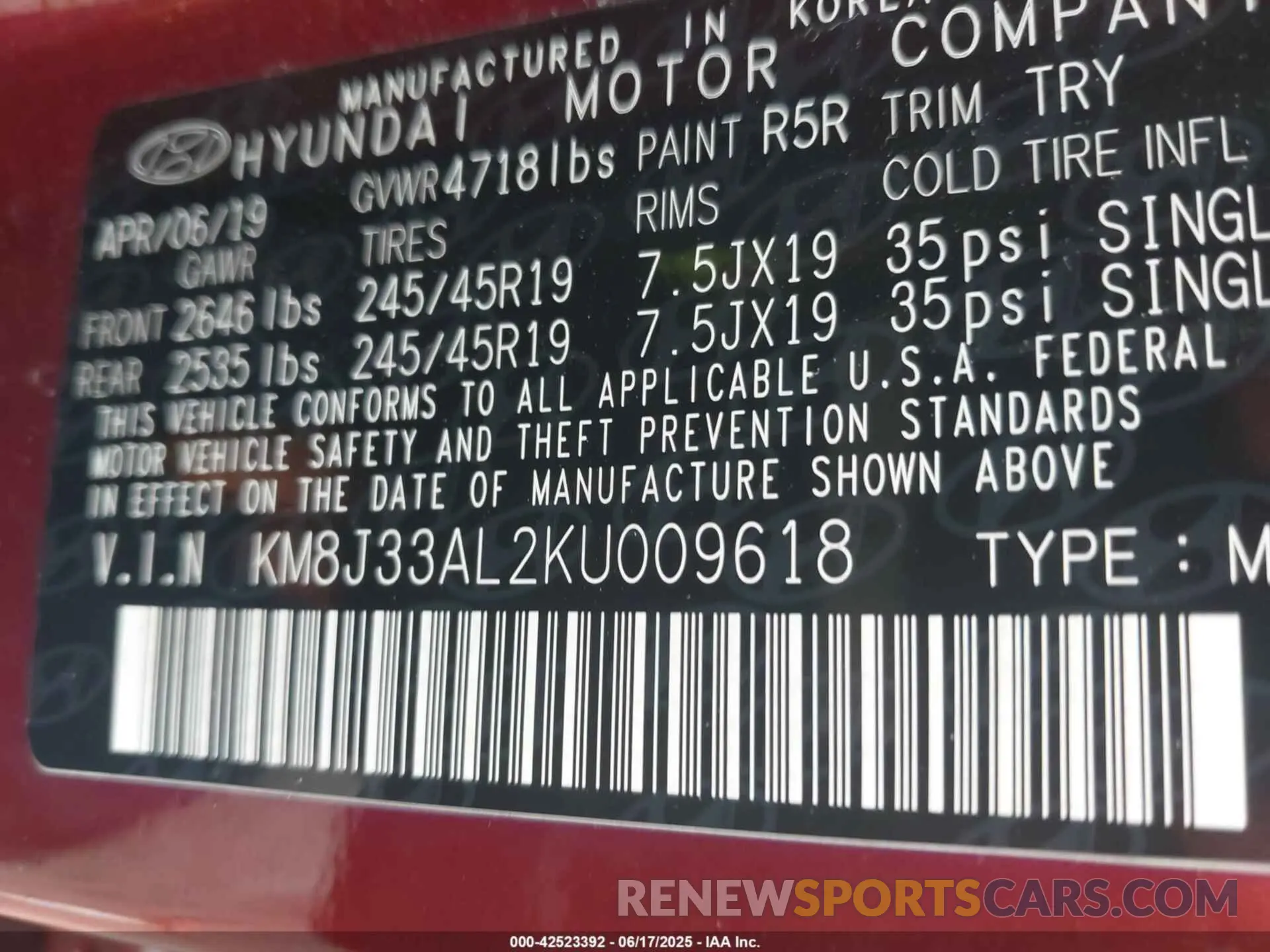 9 Photograph of a damaged car KM8J33AL2KU009618 HYUNDAI TUCSON 2019