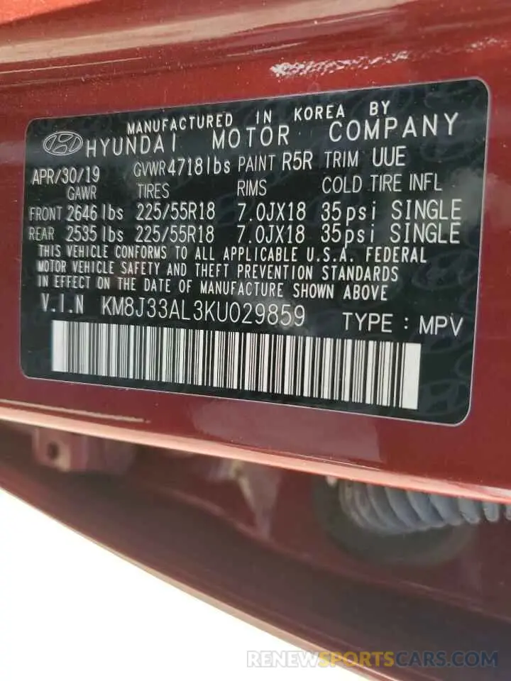 12 Photograph of a damaged car KM8J33AL3KU029859 HYUNDAI TUCSON 2019