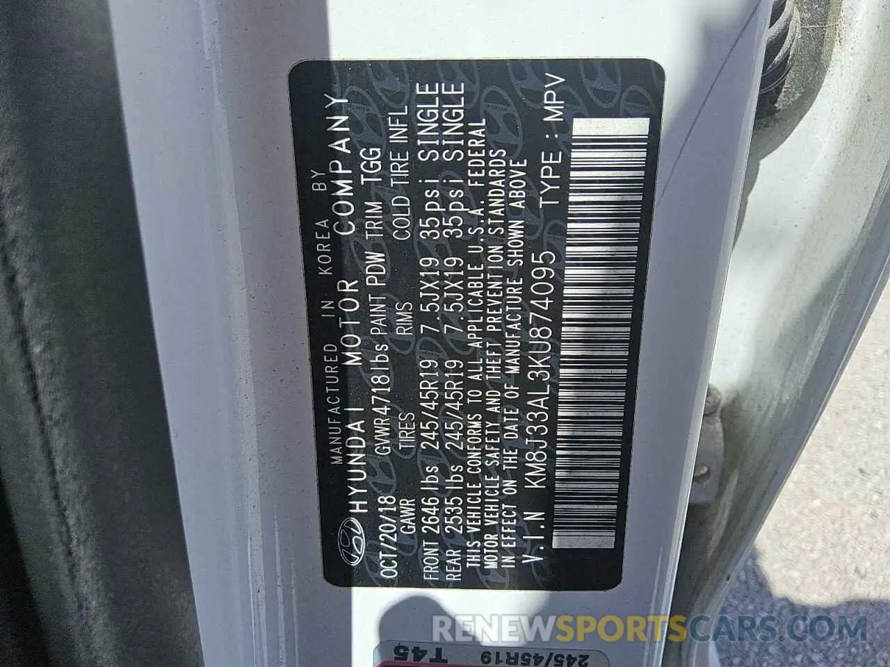 13 Photograph of a damaged car KM8J33AL3KU874095 HYUNDAI TUCSON 2019
