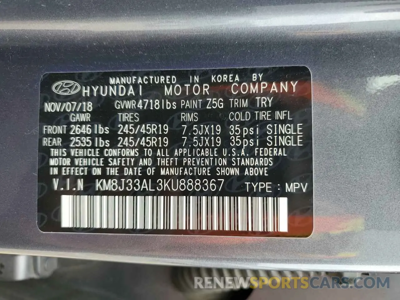 12 Photograph of a damaged car KM8J33AL3KU888367 HYUNDAI TUCSON 2019