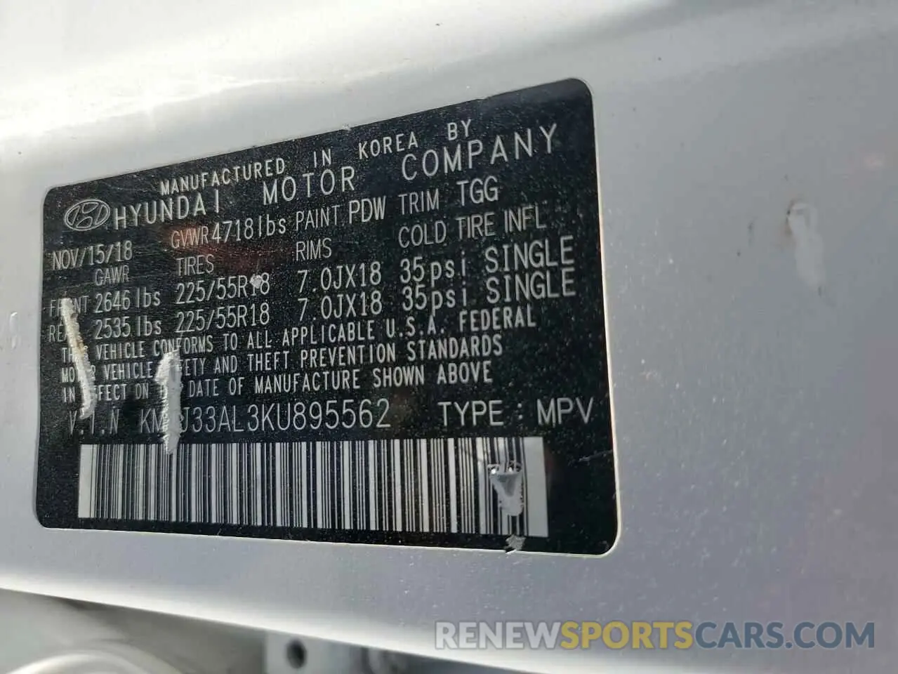 13 Photograph of a damaged car KM8J33AL3KU895562 HYUNDAI TUCSON 2019