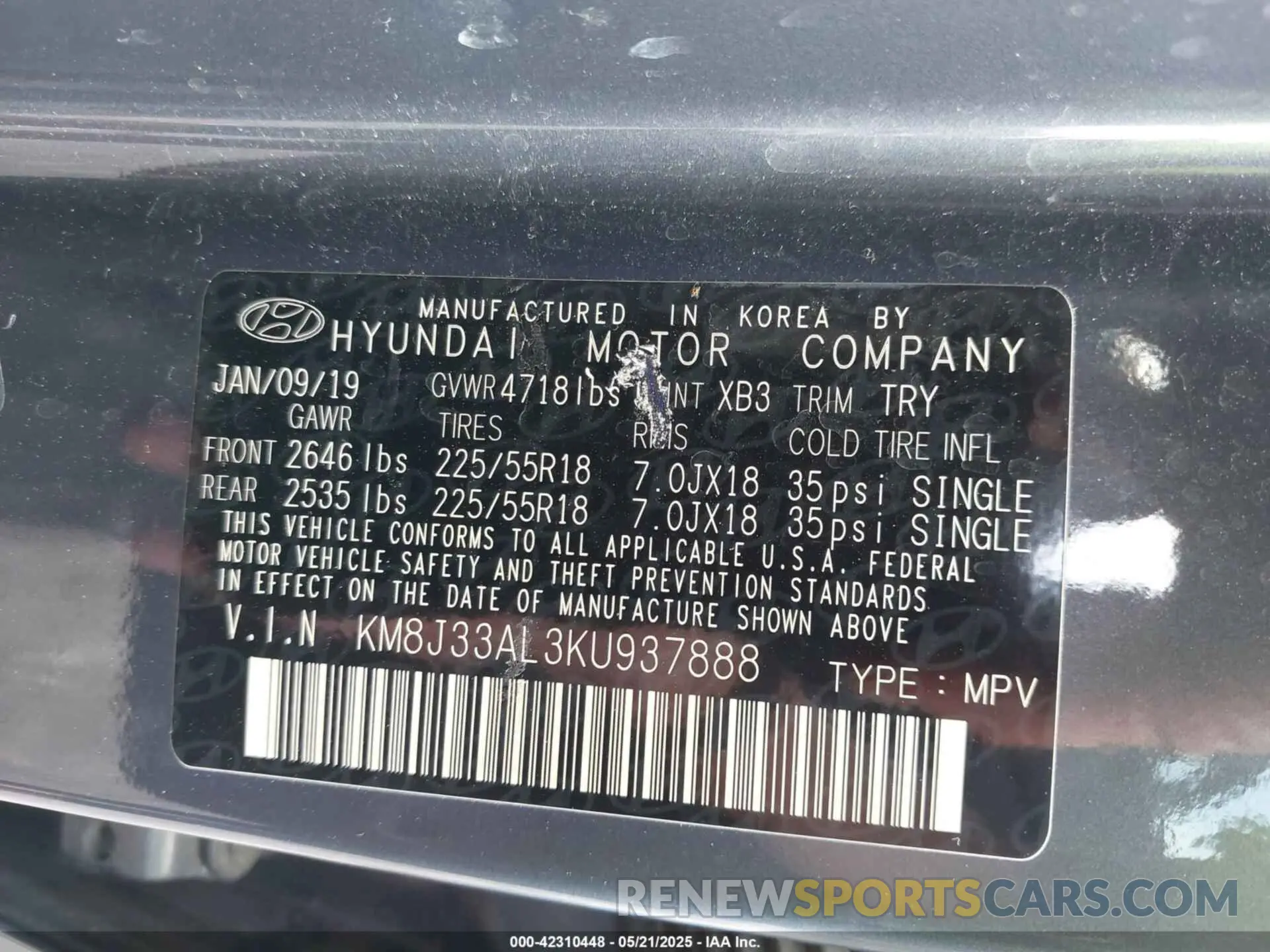 9 Photograph of a damaged car KM8J33AL3KU937888 HYUNDAI TUCSON 2019