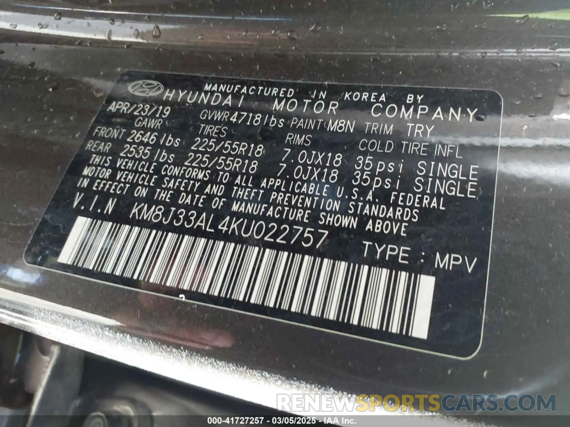 9 Photograph of a damaged car KM8J33AL4KU022757 HYUNDAI TUCSON 2019