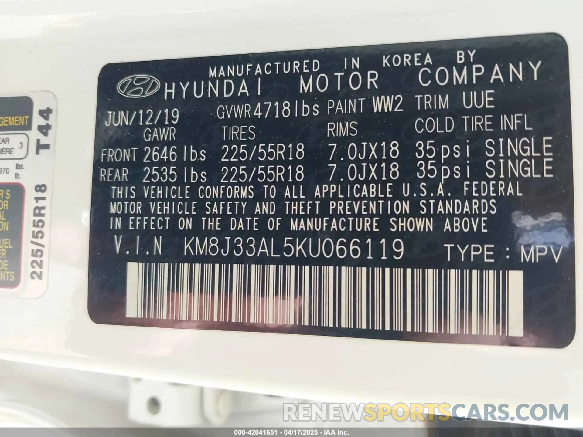 9 Photograph of a damaged car KM8J33AL5KU066119 HYUNDAI TUCSON 2019
