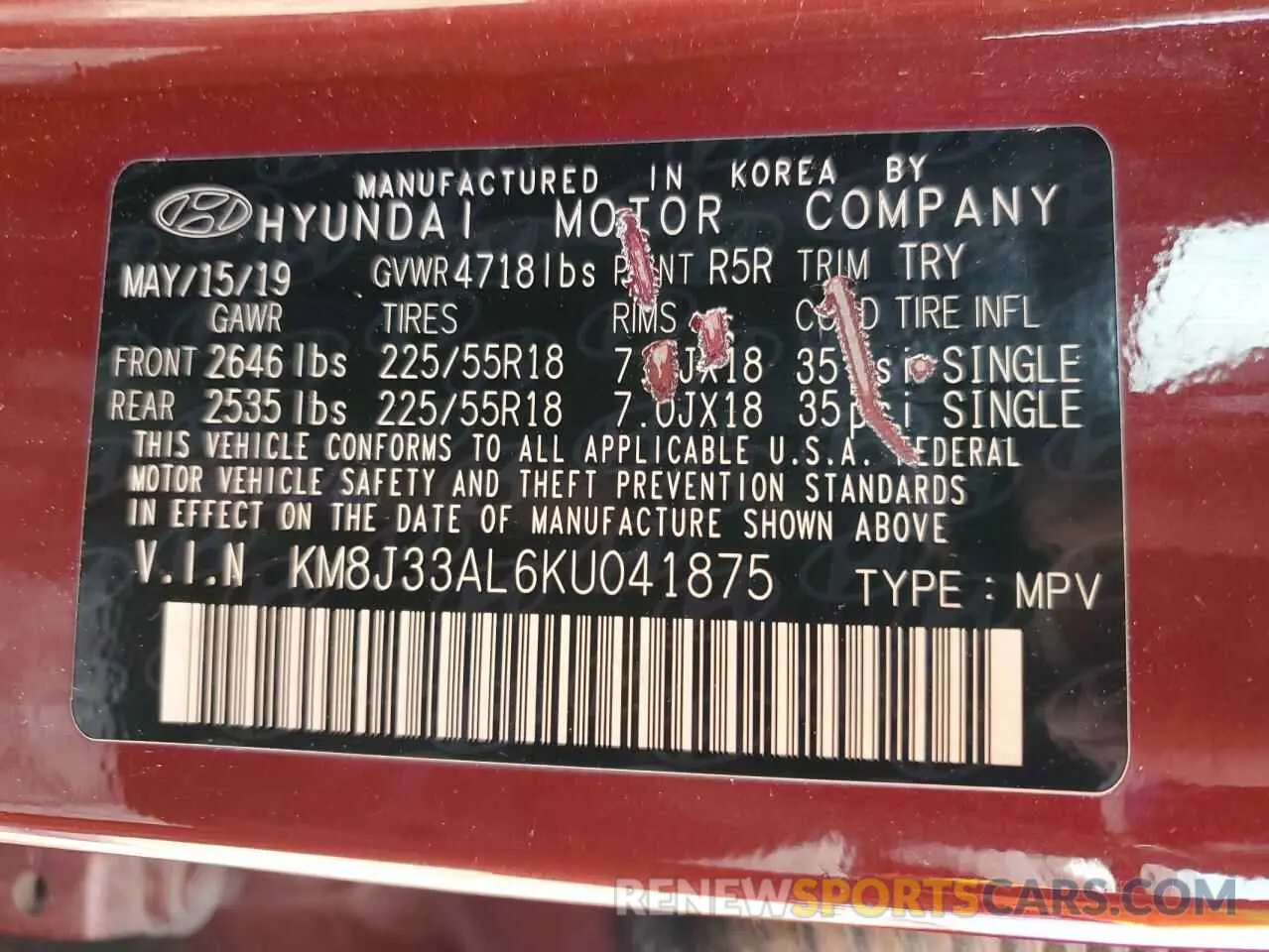 13 Photograph of a damaged car KM8J33AL6KU041875 HYUNDAI TUCSON 2019