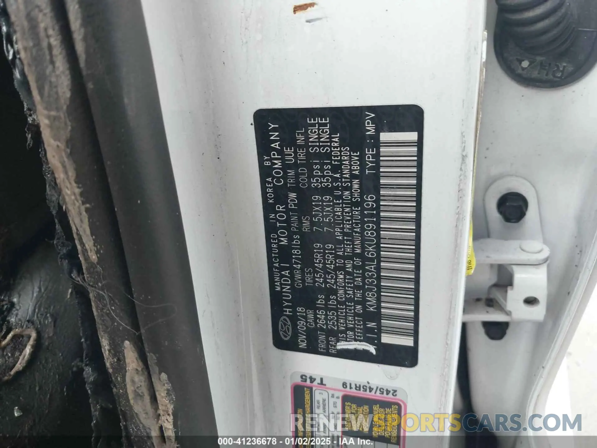 9 Photograph of a damaged car KM8J33AL6KU891196 HYUNDAI TUCSON 2019