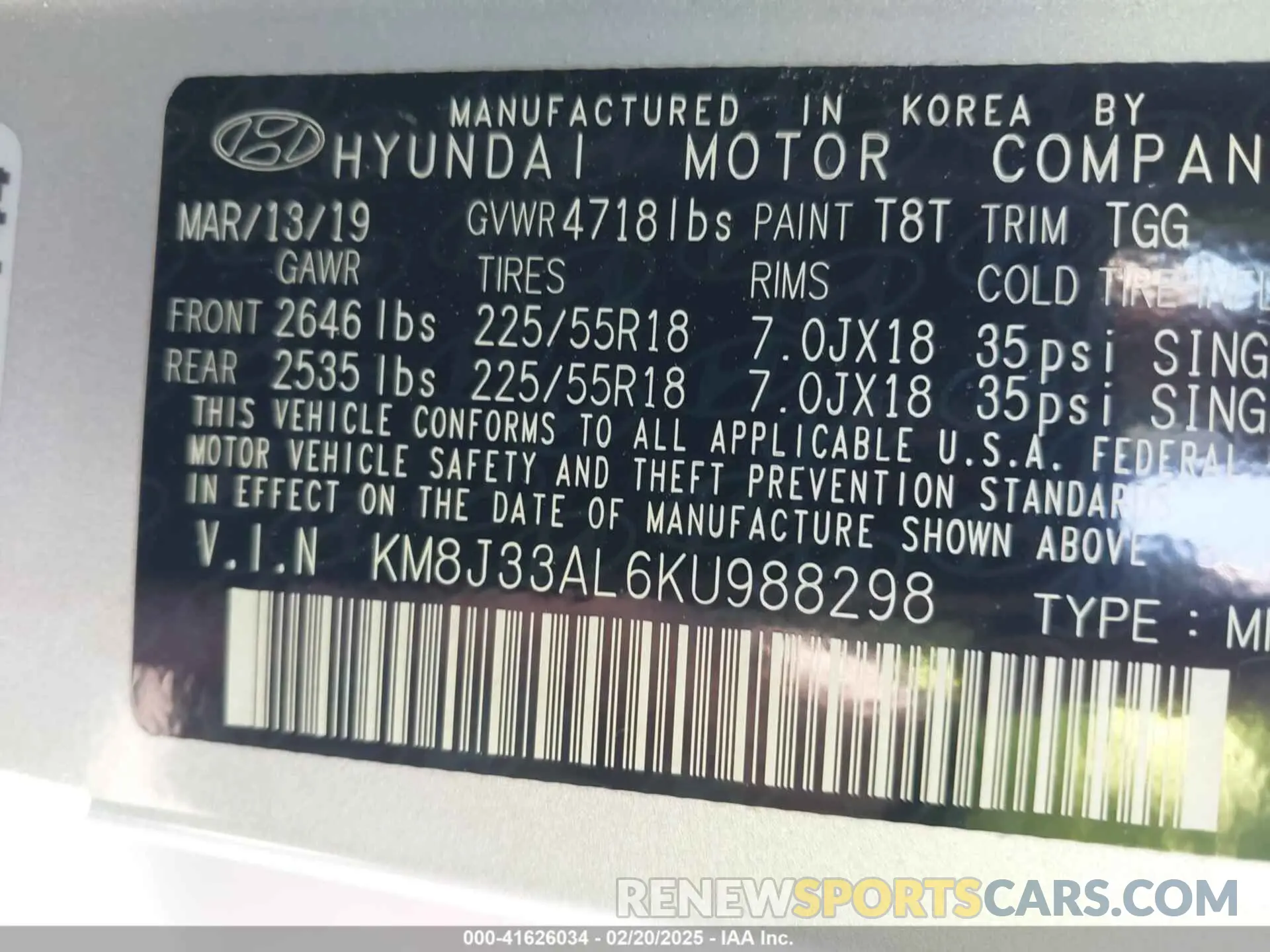 9 Photograph of a damaged car KM8J33AL6KU988298 HYUNDAI TUCSON 2019