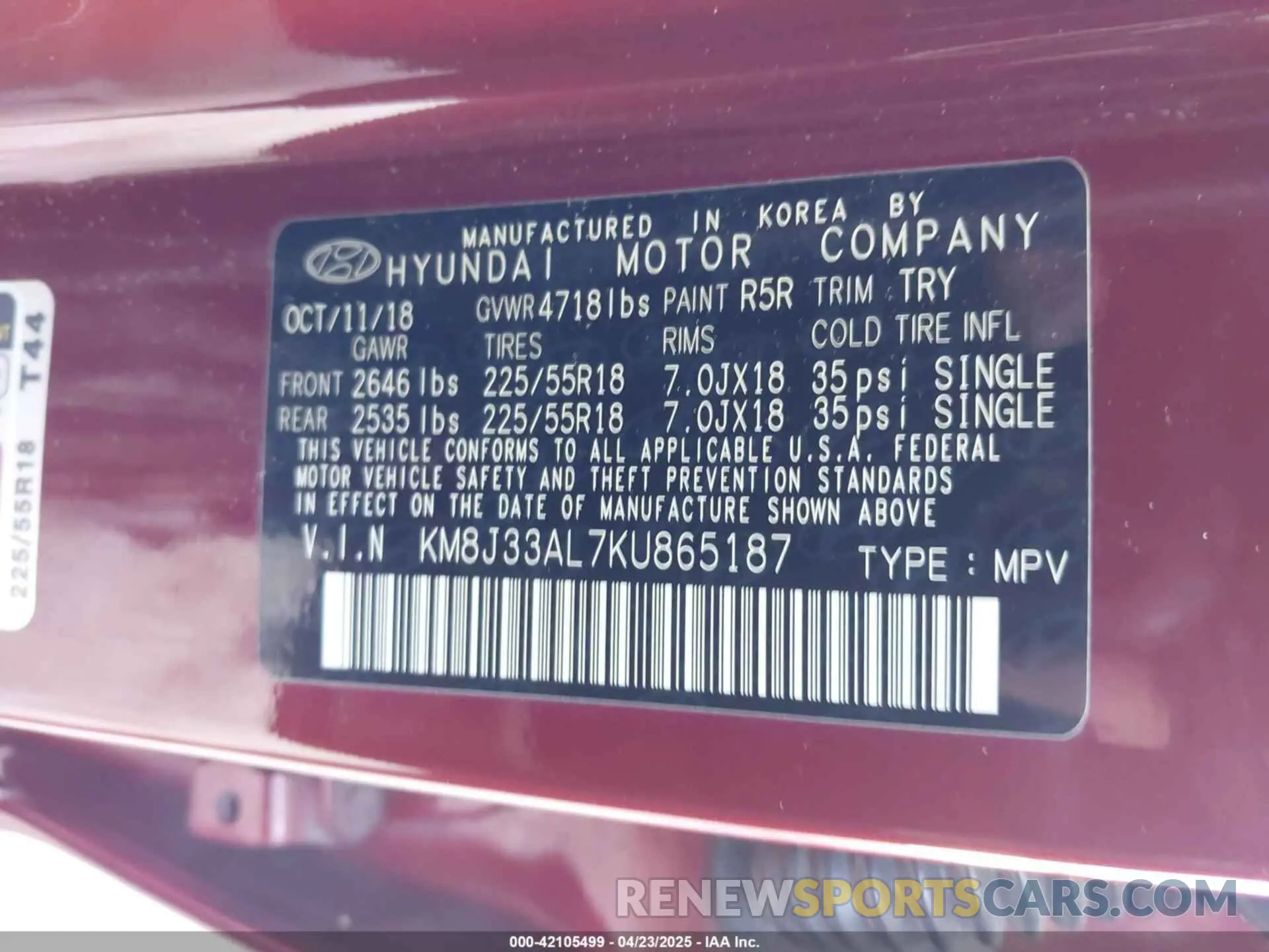 9 Photograph of a damaged car KM8J33AL7KU865187 HYUNDAI TUCSON 2019