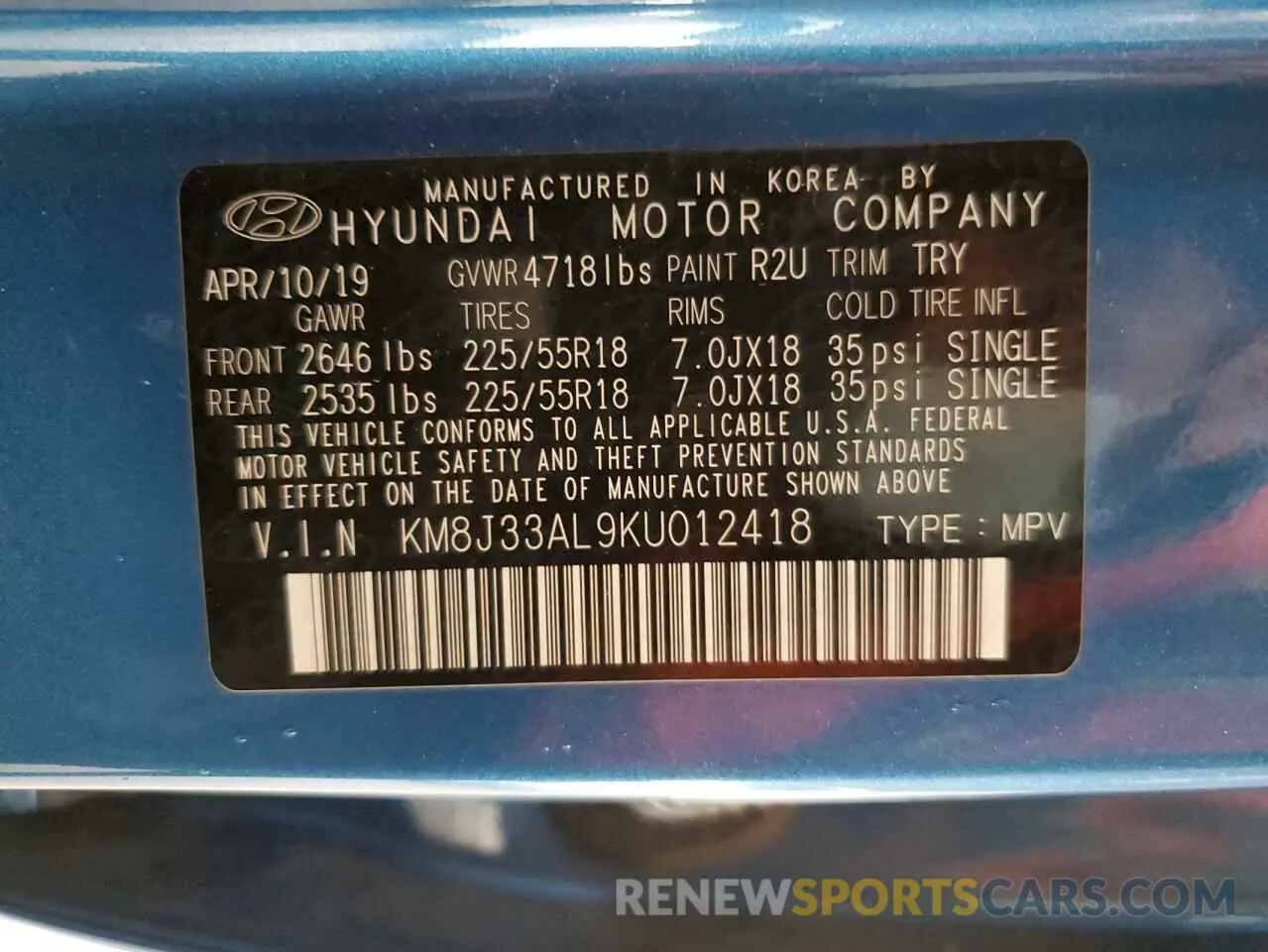 14 Photograph of a damaged car KM8J33AL9KU012418 HYUNDAI TUCSON 2019