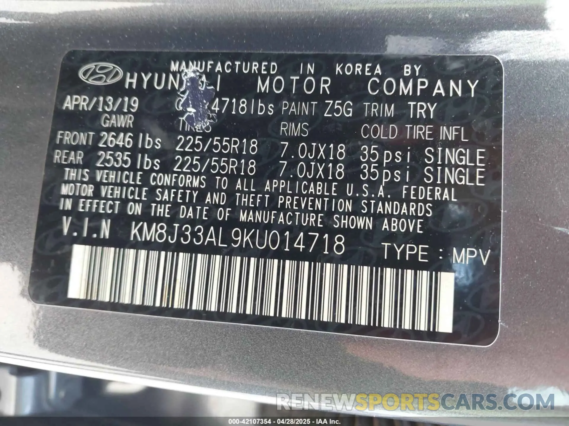 9 Photograph of a damaged car KM8J33AL9KU014718 HYUNDAI TUCSON 2019