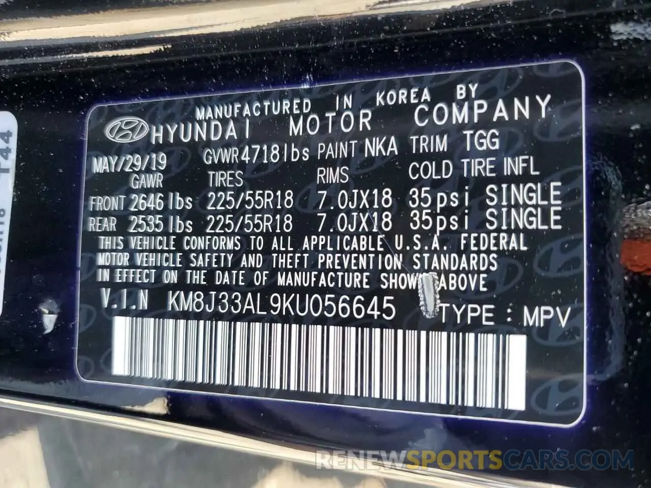 13 Photograph of a damaged car KM8J33AL9KU056645 HYUNDAI TUCSON 2019