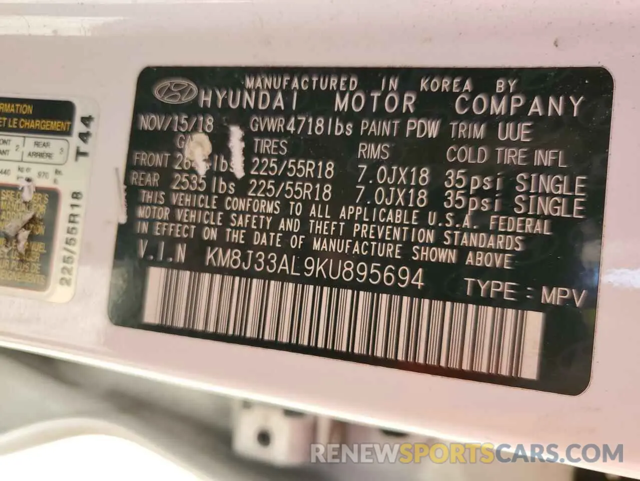 13 Photograph of a damaged car KM8J33AL9KU895694 HYUNDAI TUCSON 2019