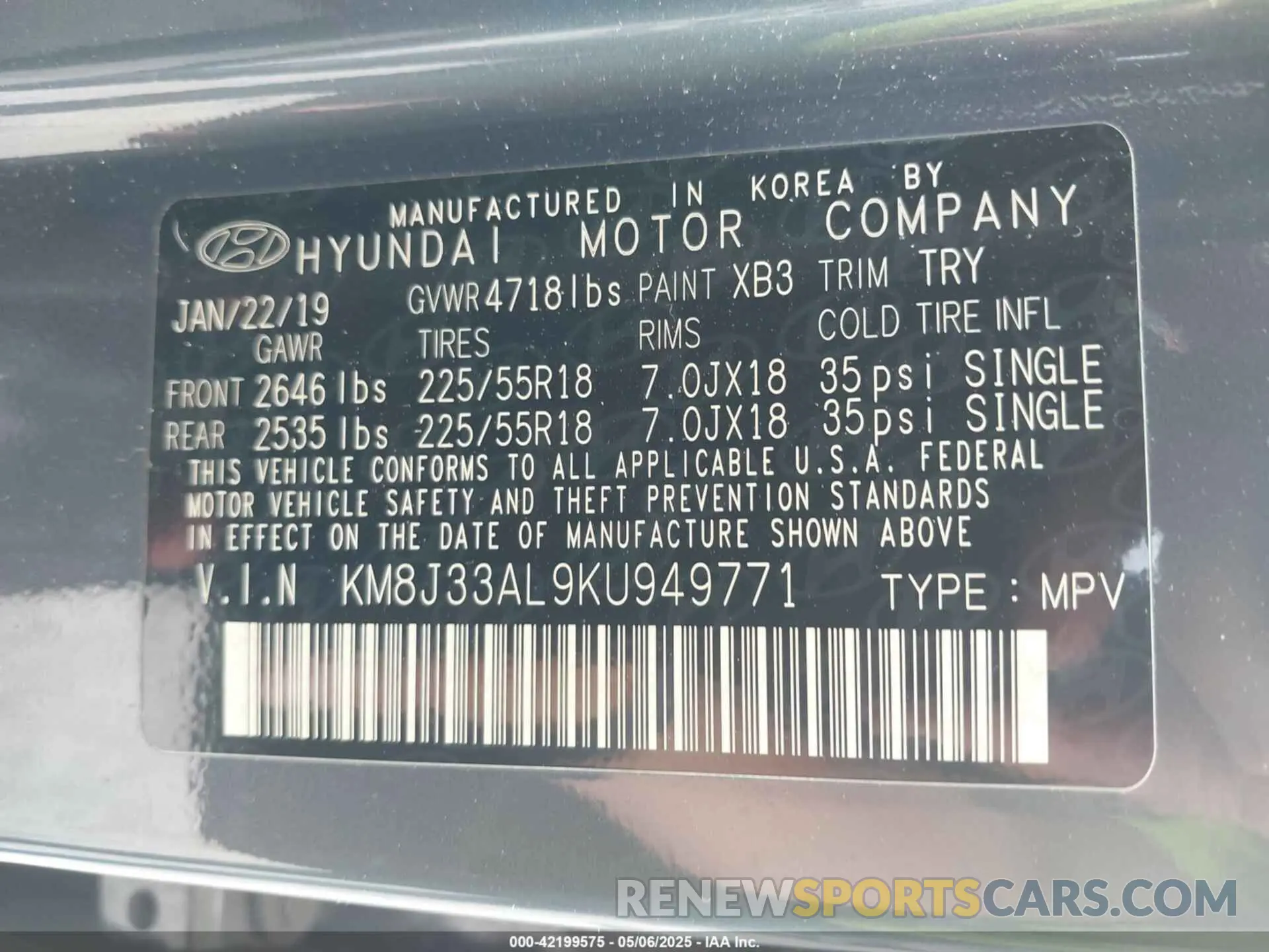 9 Photograph of a damaged car KM8J33AL9KU949771 HYUNDAI TUCSON 2019