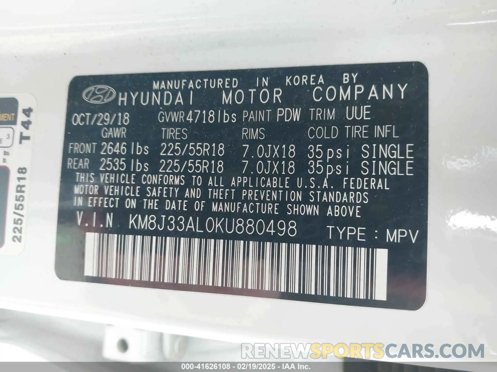 9 Photograph of a damaged car KM8J33ALOKU880498 HYUNDAI TUCSON 2019