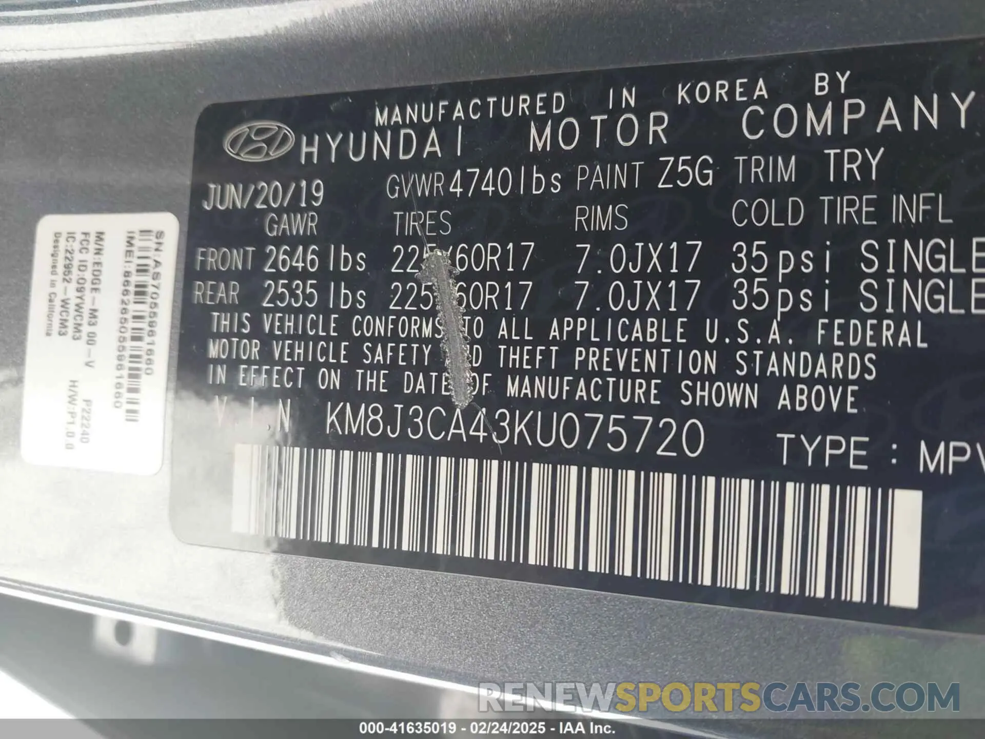 9 Photograph of a damaged car KM8J3CA43KU075720 HYUNDAI TUCSON 2019